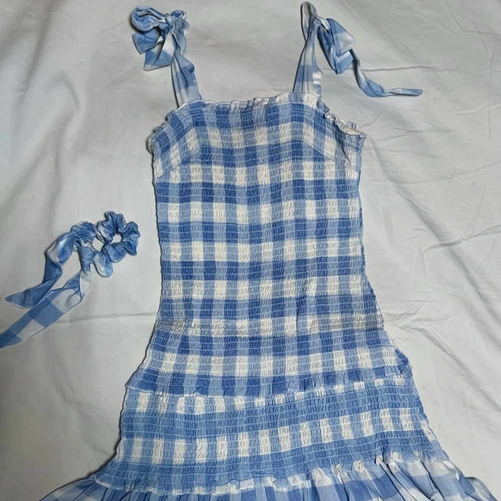Blue and White Plaid Dress with Scrunchie